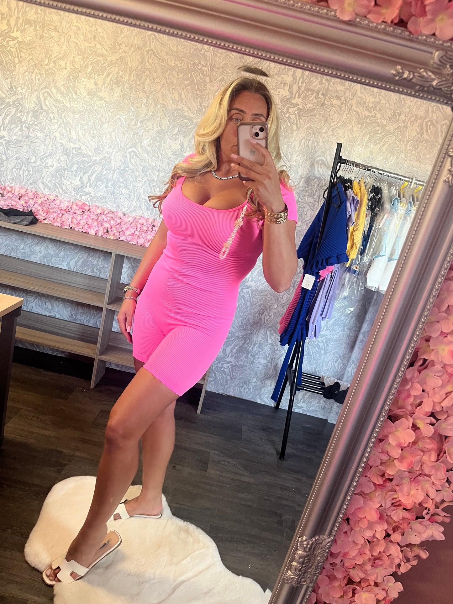 Neon Pink Ribbed Unitard