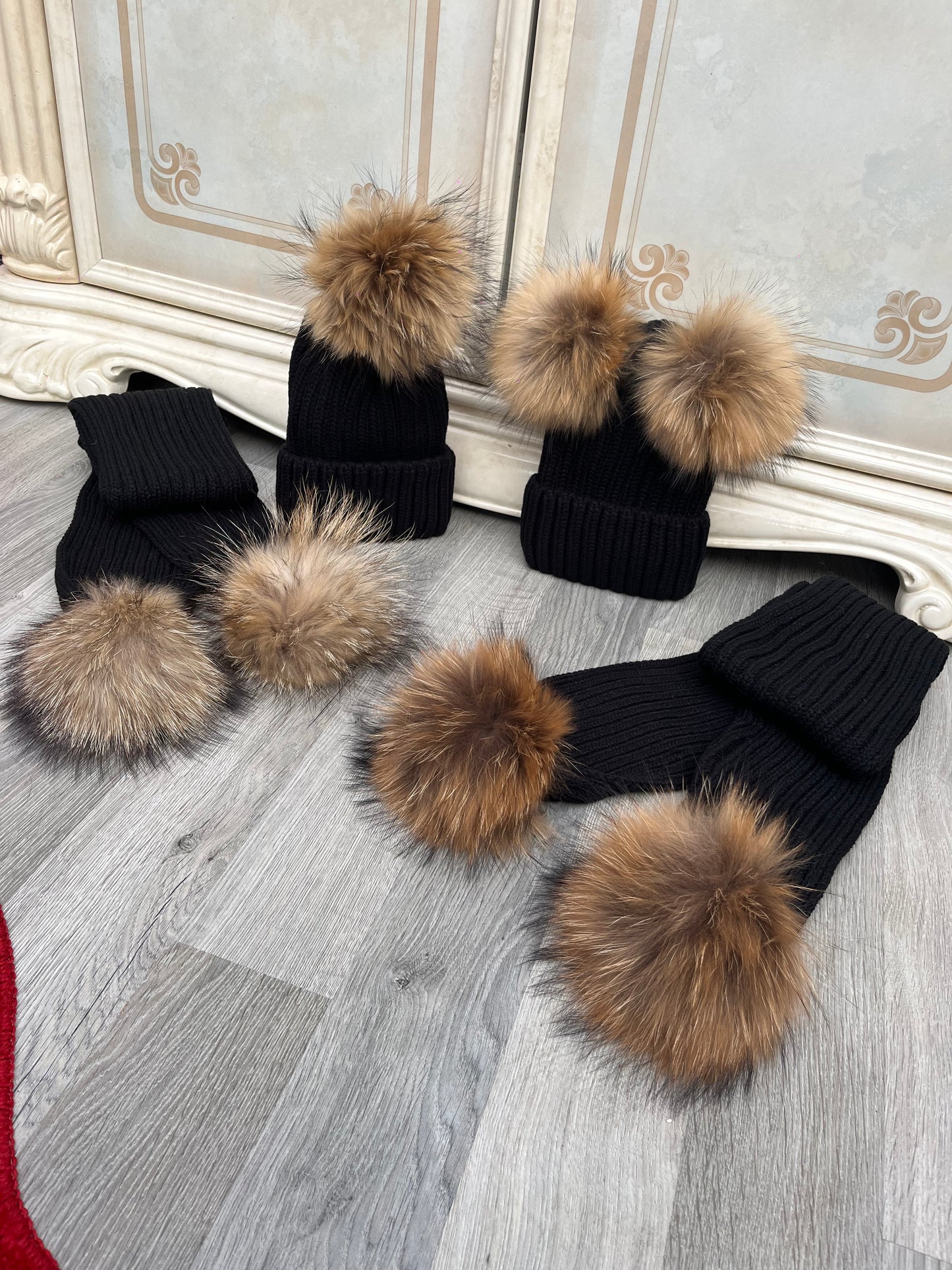 PRE ORDER Raccoon Fur Pom Pom Hat & Scarf Sets