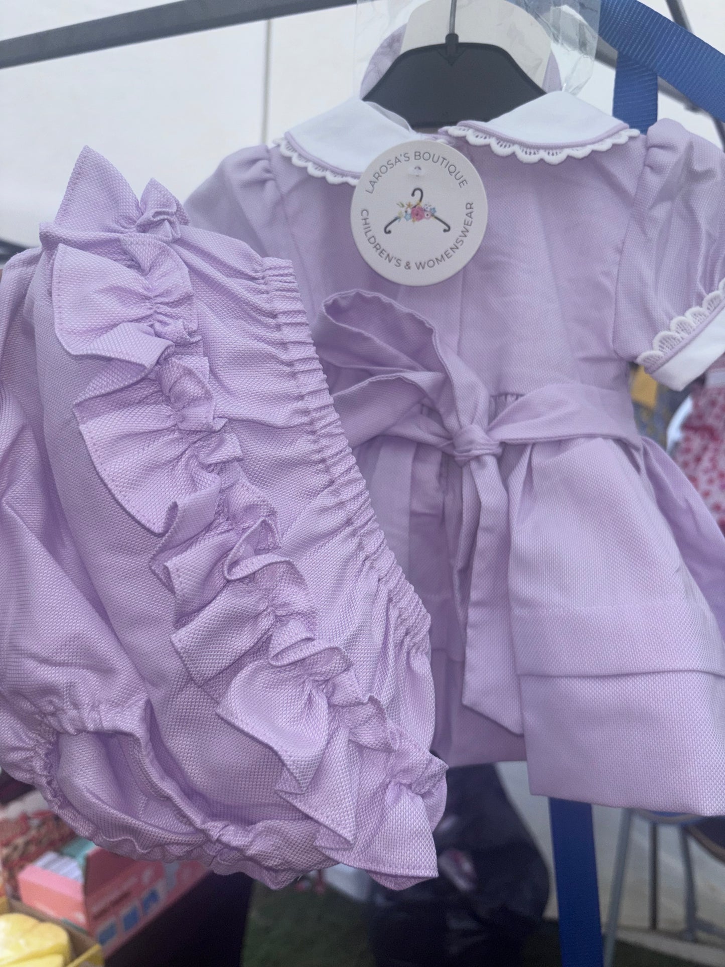 Lilac Smocked Dress, bloomers & hair accessories