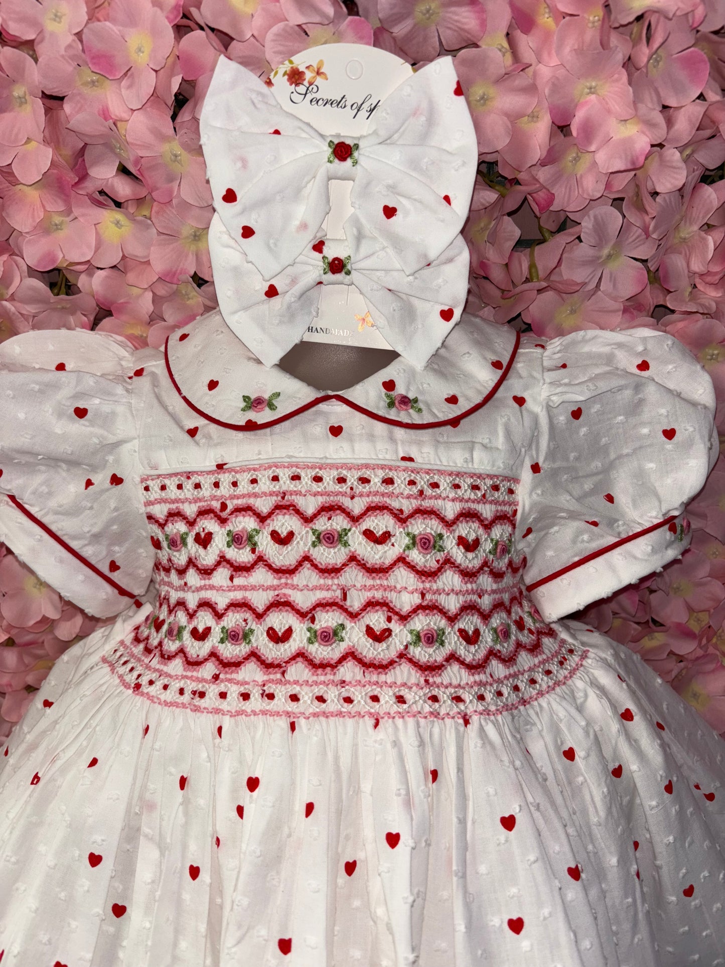 Love Heart Smocked Dress with fitted petticoat & hair accessories