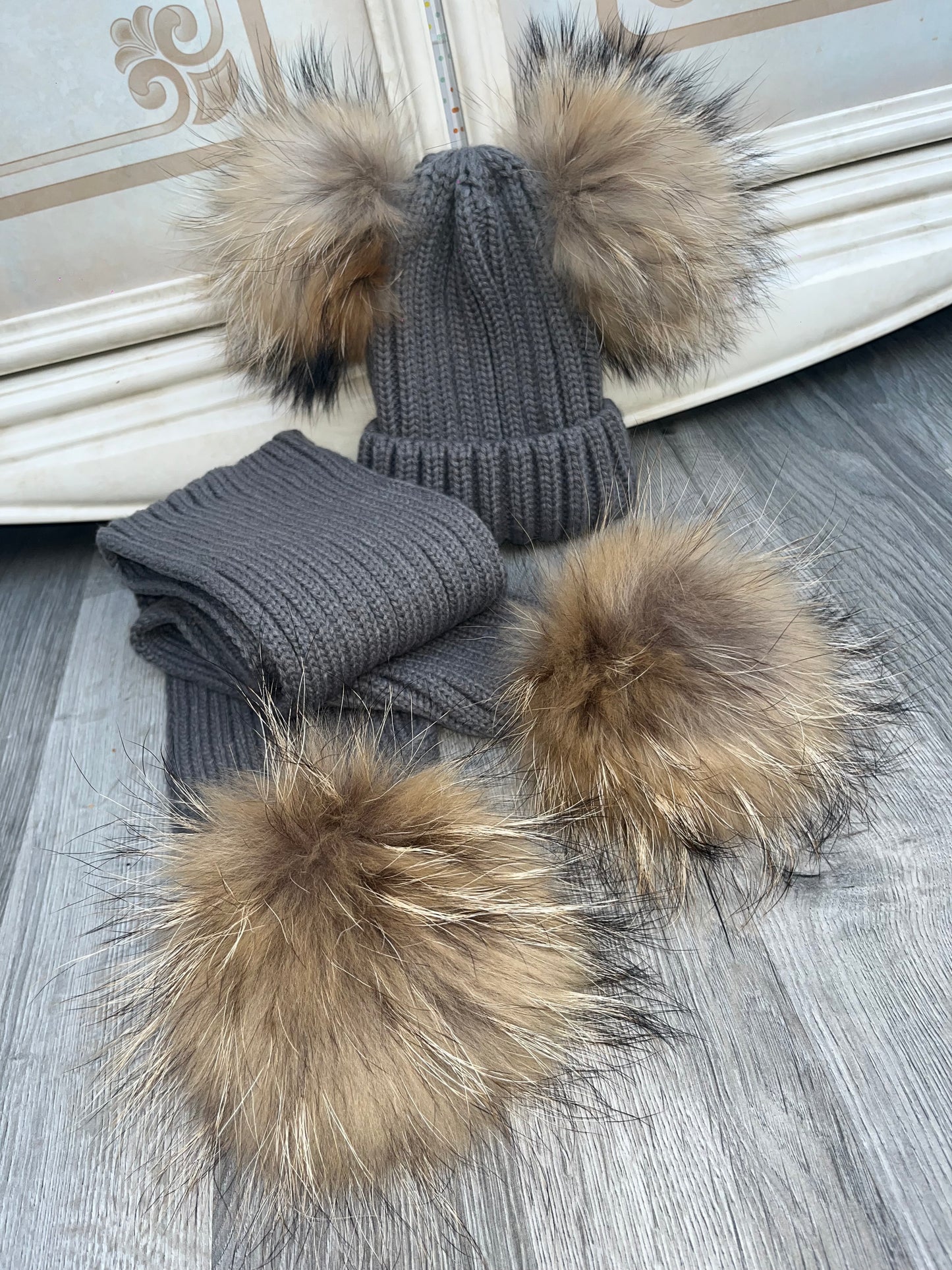 PRE ORDER Raccoon Fur Pom Pom Hat & Scarf Sets