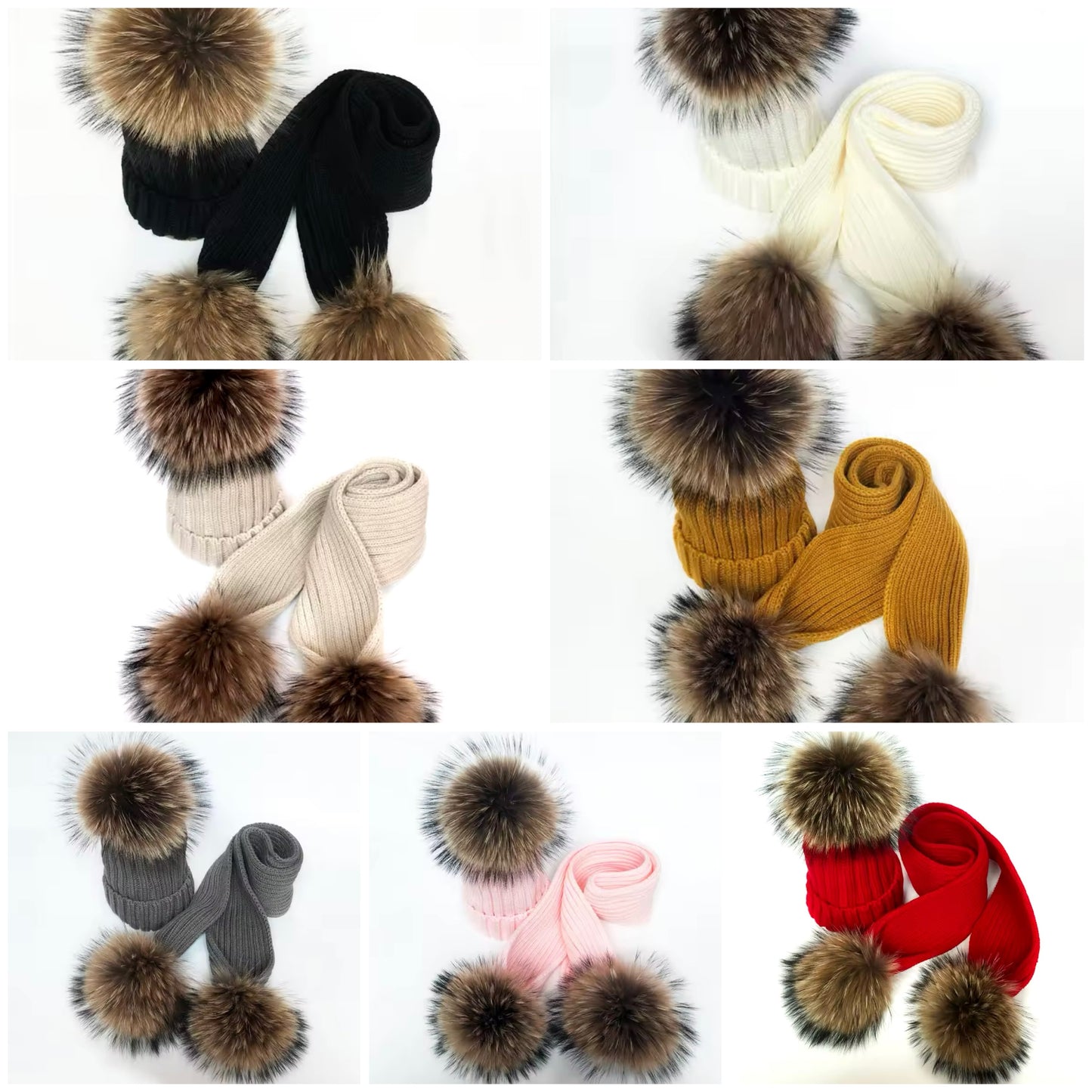 PRE ORDER Raccoon Fur Pom Pom Hat & Scarf Sets