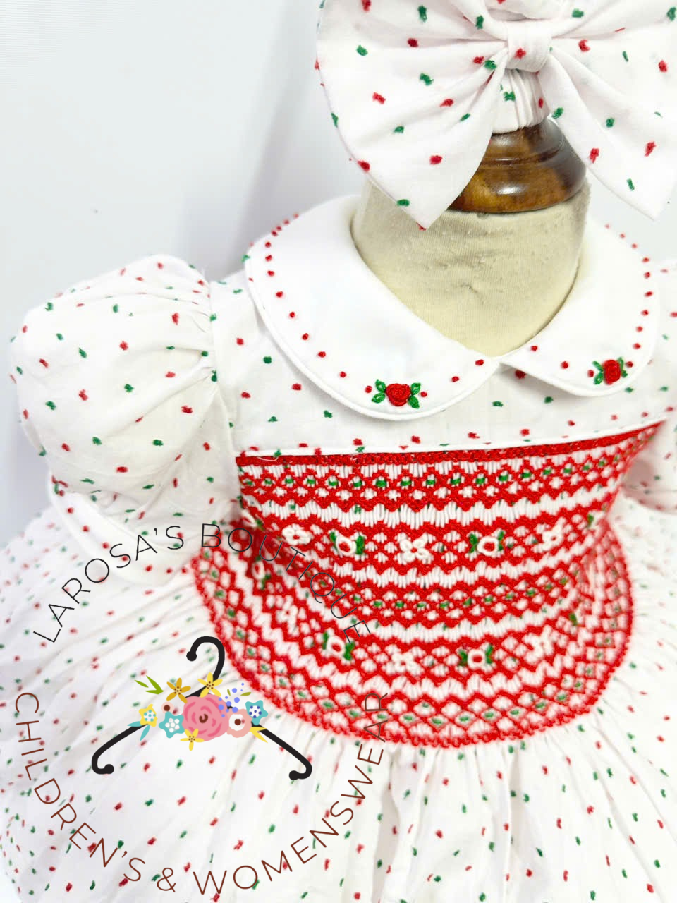 Christmas Red & Green Swiss Dot Smocked Dress With Fitted Petticoat & Hair Accessories