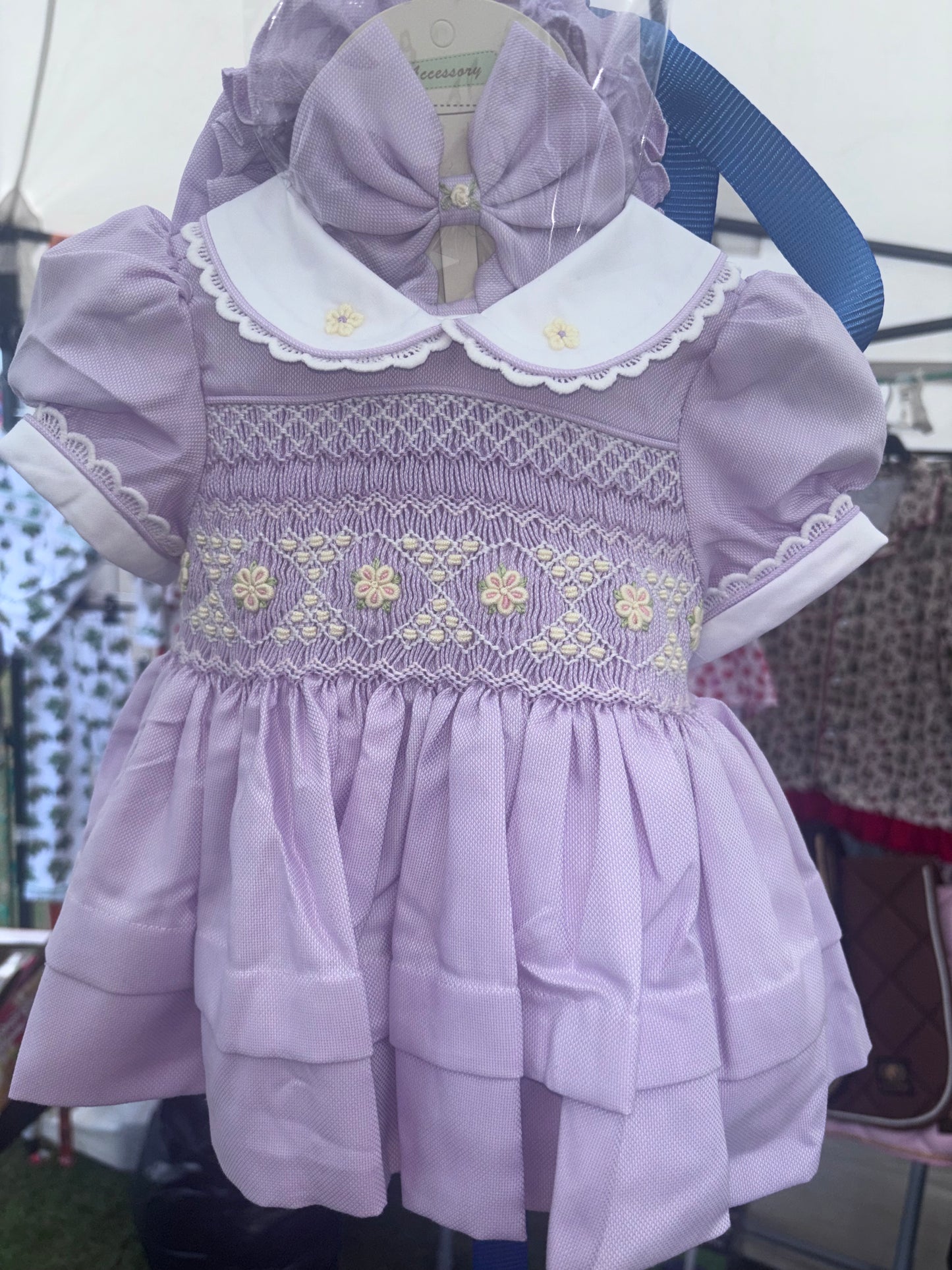 Lilac Smocked Dress, bloomers & hair accessories