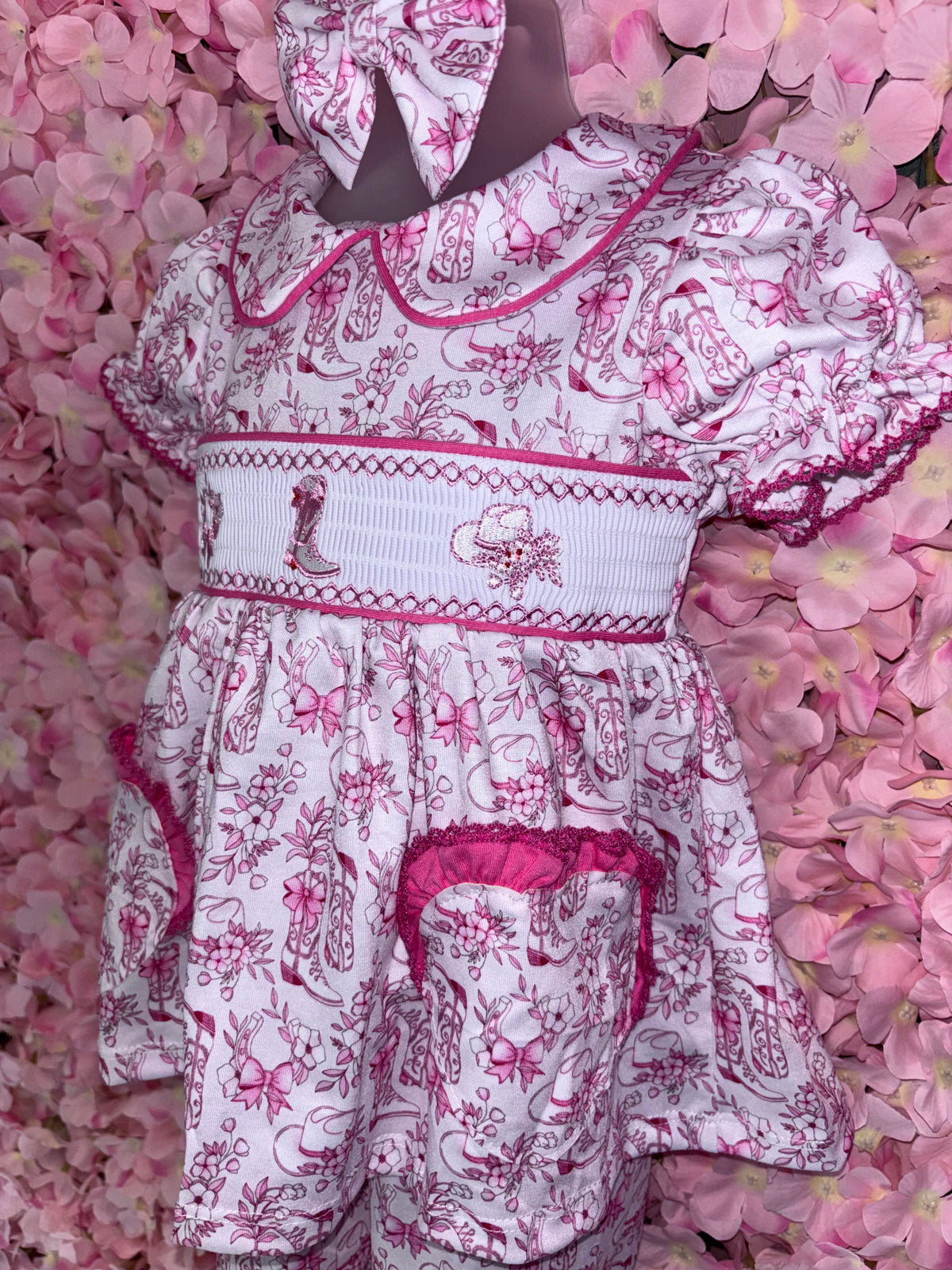 Girls Cow Girl Smocked Pyjamas & hair bow