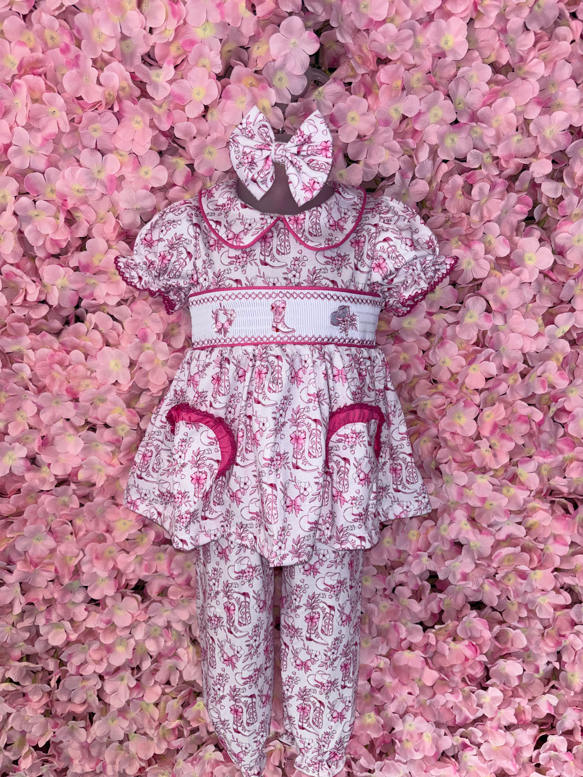 Girls Cow Girl Smocked Pyjamas & hair bow