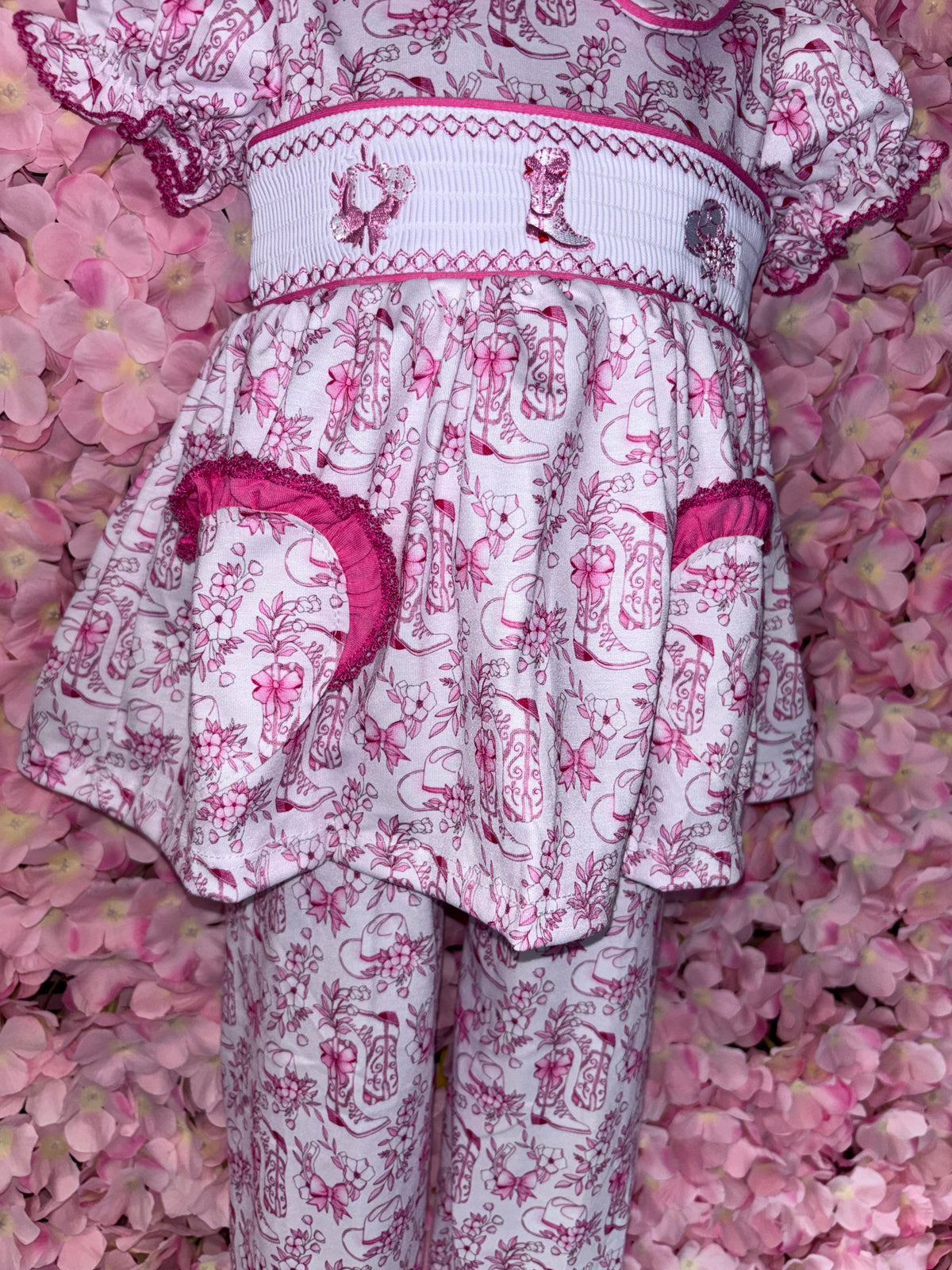 Girls Cow Girl Smocked Pyjamas & hair bow