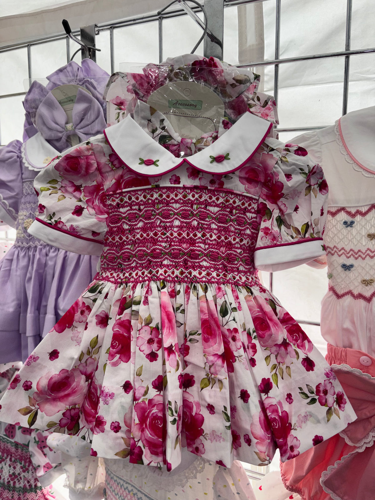Rose Smocked Dress with Bloomers & hair accessories