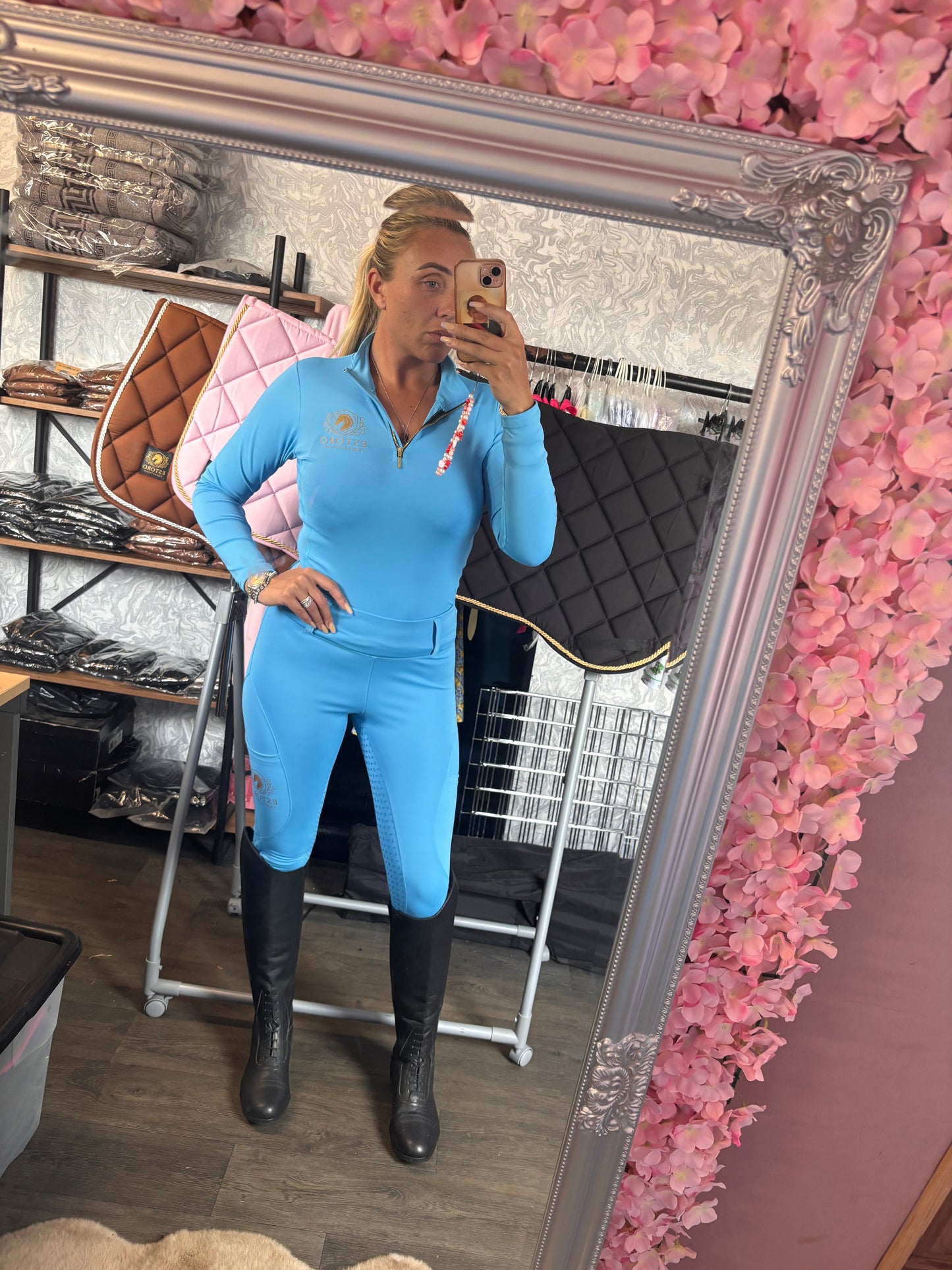Blue Long Sleeve Base Layer & Riding Tights Set
