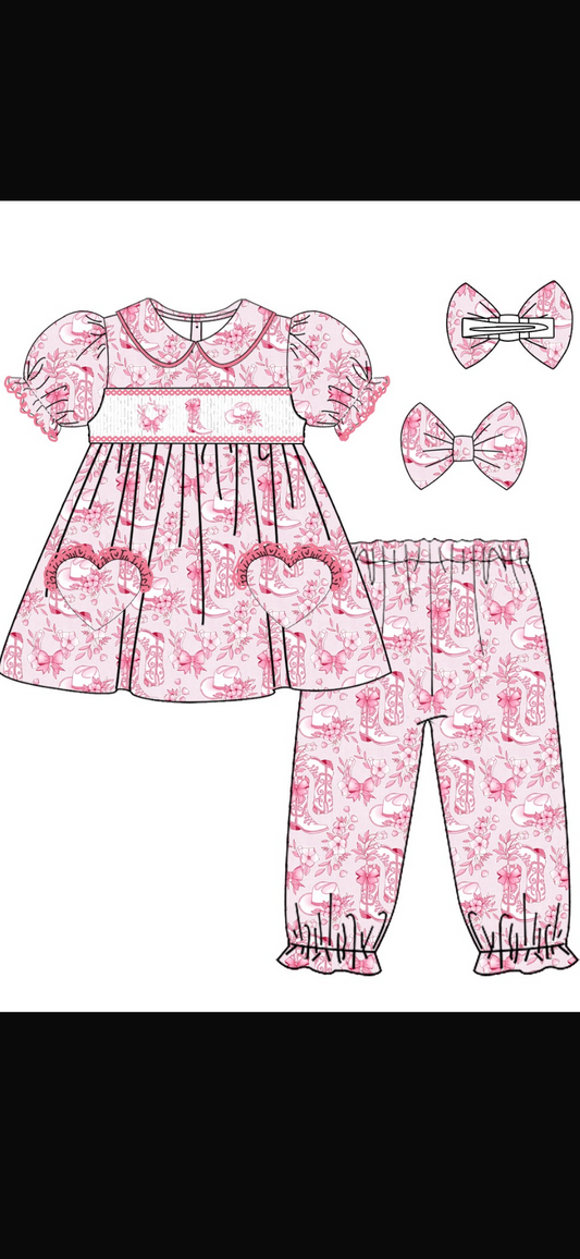 Pre Order Girls Cow Girl Smocked Pyjamas & hair bow