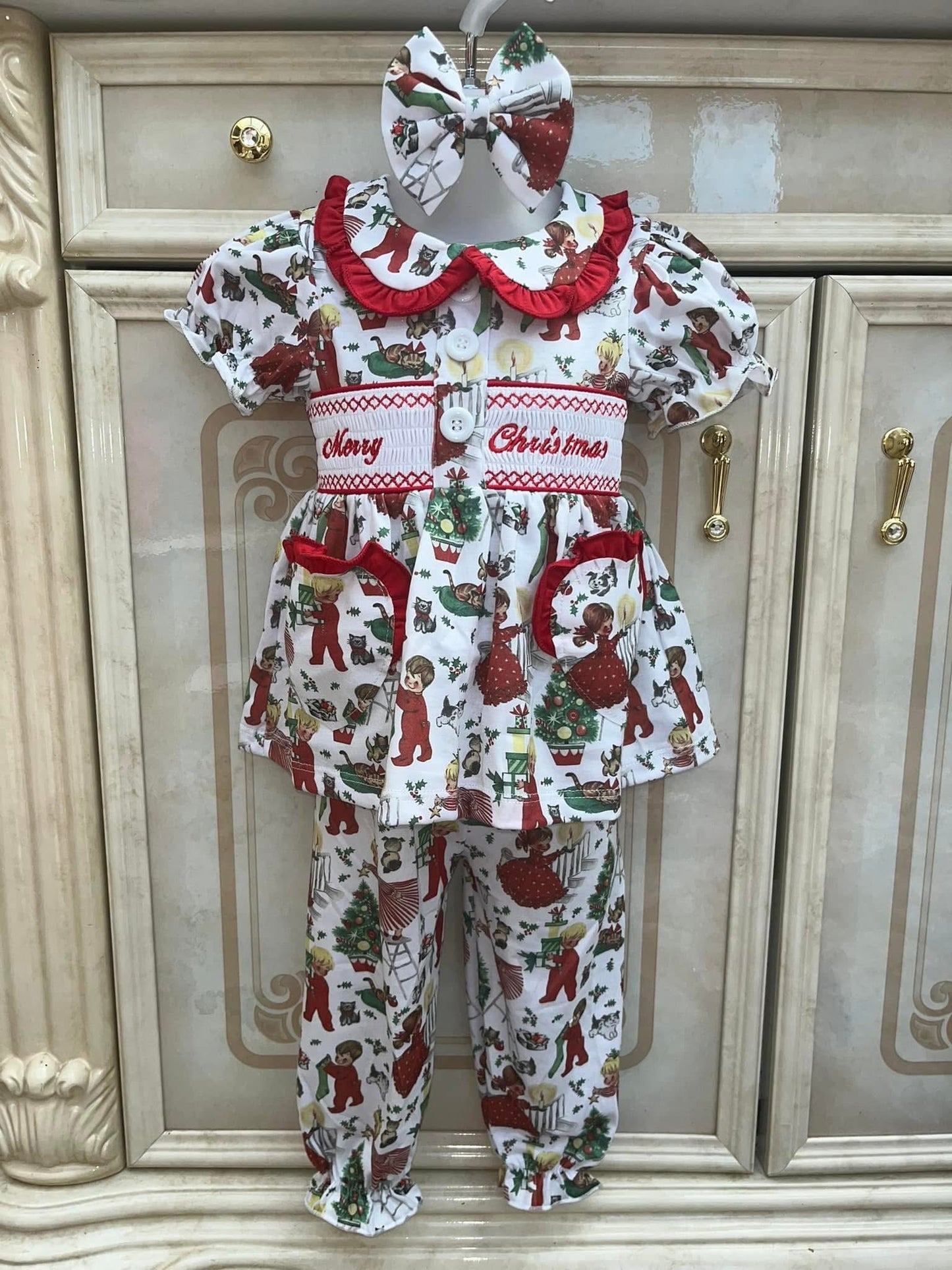 PRE ORDER Christmas Girls Smocked Pyjama & Night Coat Set