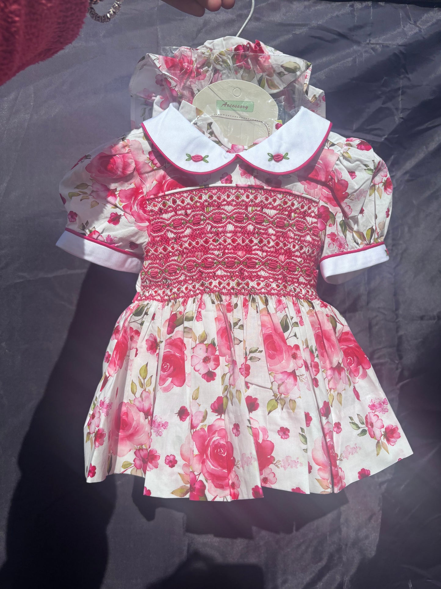 Rose Smocked Dress with Bloomers & hair accessories