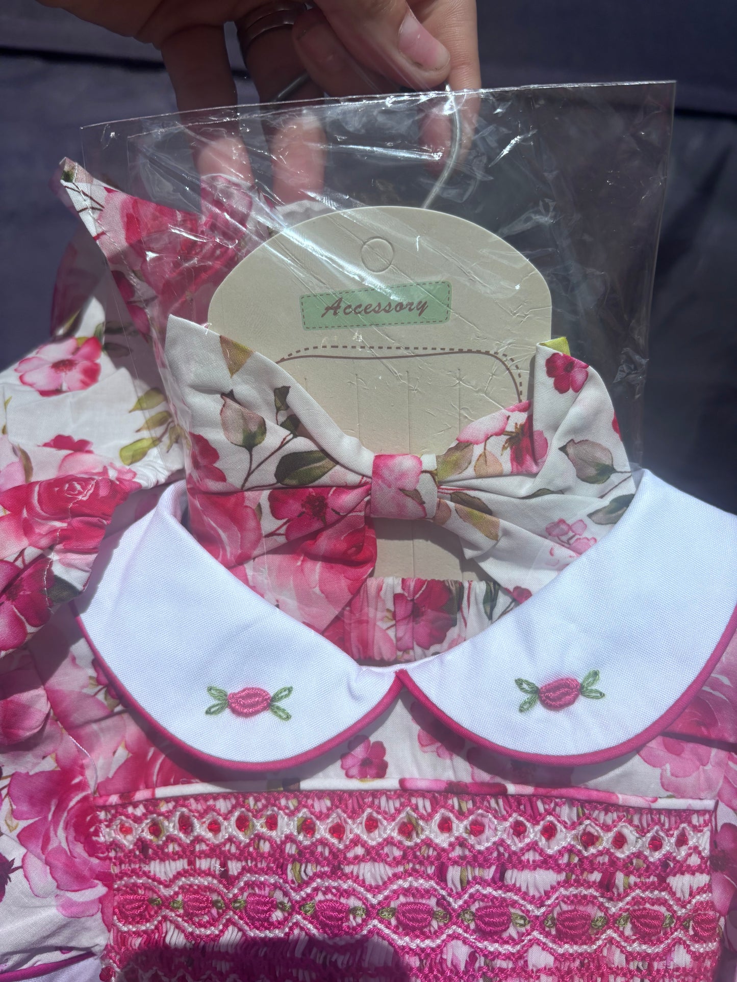 Rose Smocked Dress with Bloomers & hair accessories