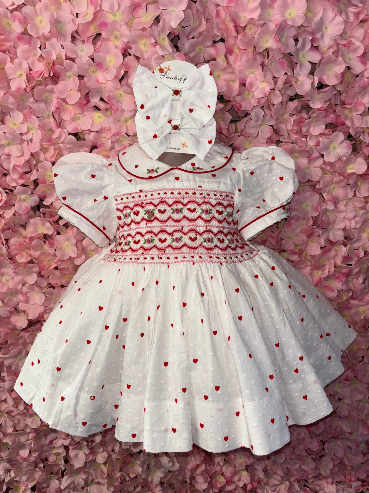 Love Heart Smocked Dress with fitted petticoat & hair accessories