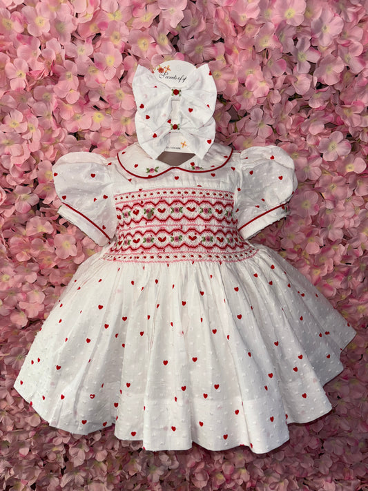 Love Heart Smocked Dress with fitted petticoat & hair accessories