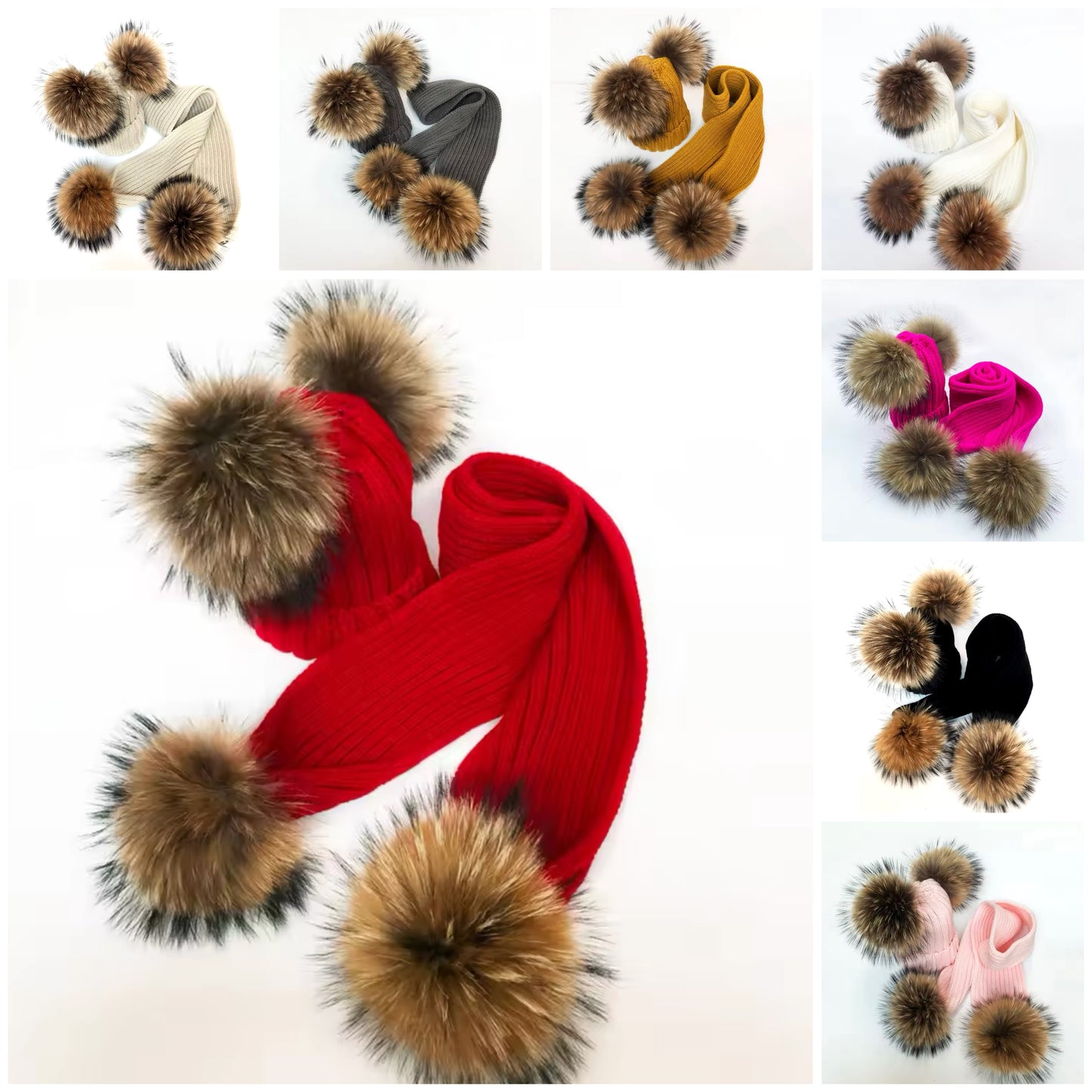 PRE ORDER Raccoon Fur Pom Pom Hat & Scarf Sets