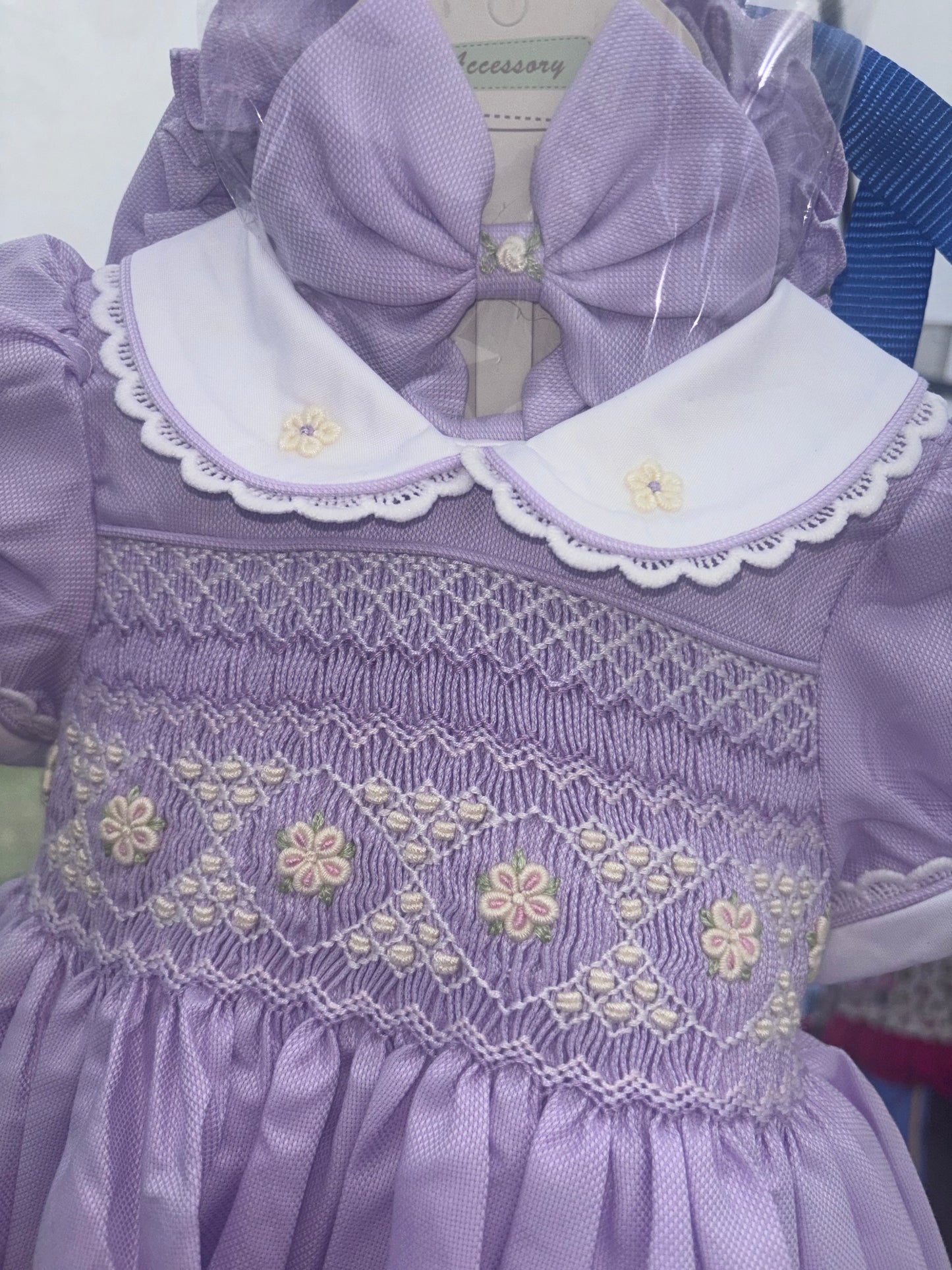 Lilac Smocked Dress, bloomers & hair accessories