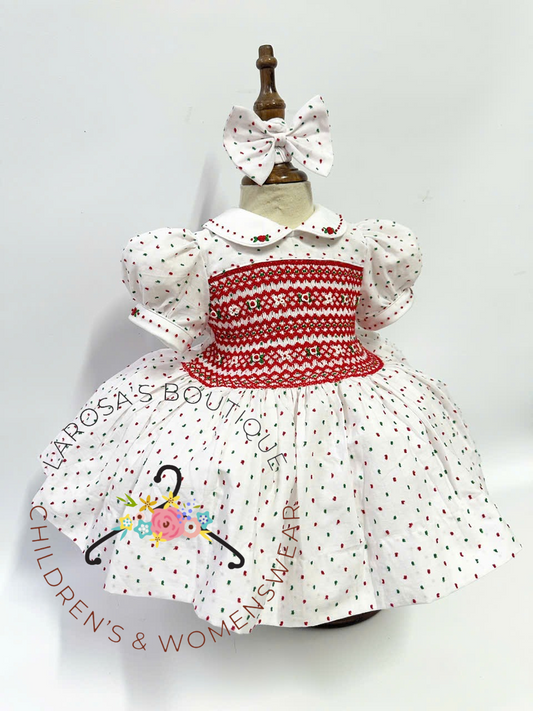 Christmas Red & Green Swiss Dot Smocked Dress With Fitted Petticoat & Hair Accessories