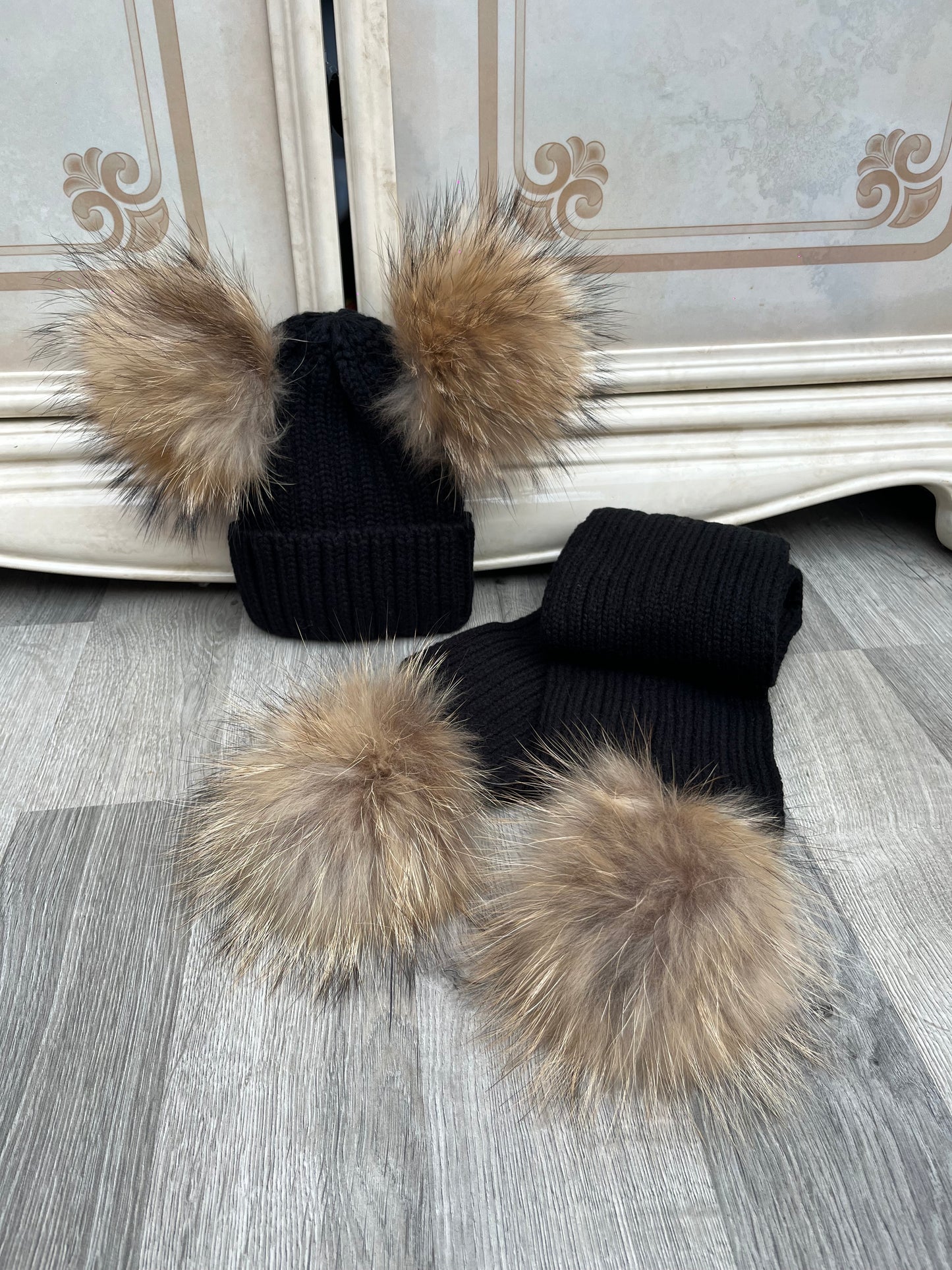 PRE ORDER Raccoon Fur Pom Pom Hat & Scarf Sets