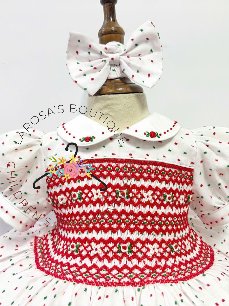 Christmas Red & Green Swiss Dot Smocked Dress With Fitted Petticoat & Hair Accessories