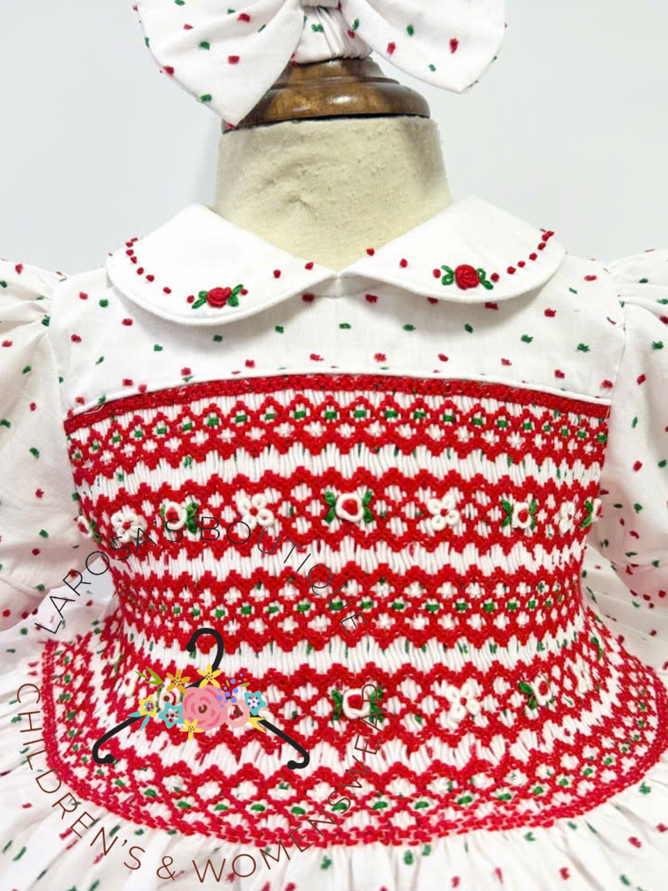 Christmas Red & Green Swiss Dot Smocked Dress With Fitted Petticoat & Hair Accessories