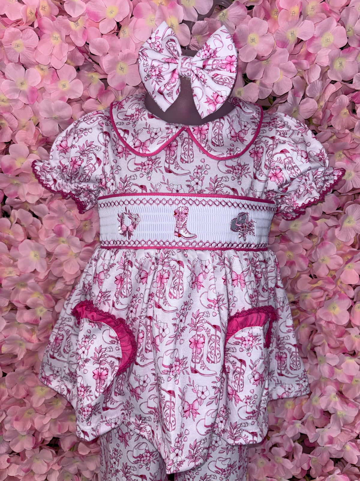Girls Cow Girl Smocked Pyjamas & hair bow