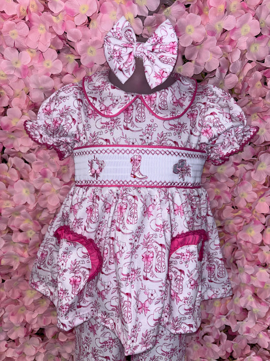 Girls Cow Girl Smocked Pyjamas & hair bow